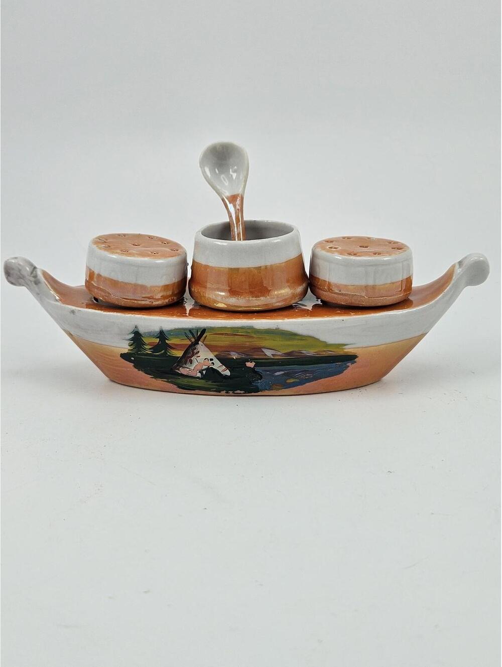 Vintage Mid Century Iridescent Canoe Salt Pepper Set Germany Kitsch Cabin Decor